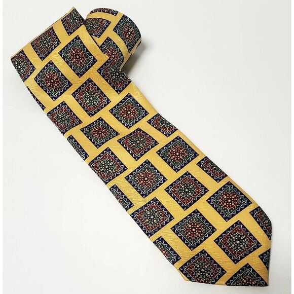 Tom James 100% Silk Tie USA Yellow/Purple/Red/Green Square Geometric Pattern - Picture 2 of 11